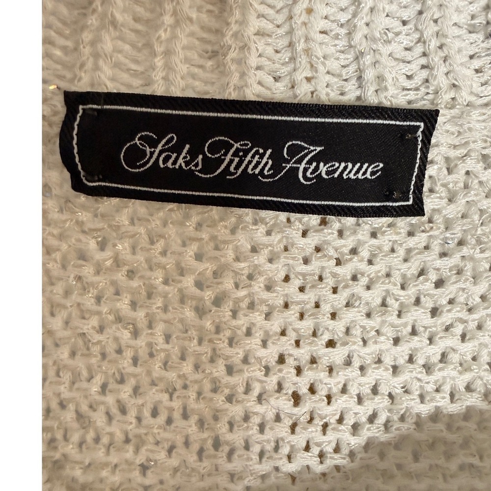 Saks Fifth Avenue Short Sleeve Knit Sweater Women Med White-Silver Sequin Italy - Picture 2 of 7